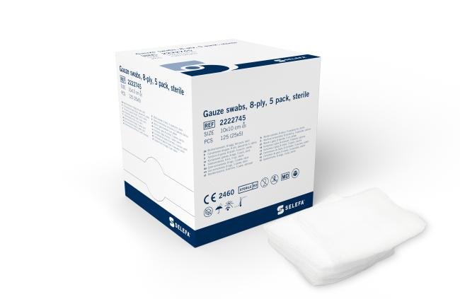 Compresses de gaze SELEFA - Stéril - 10 x 10cm (25 x 5 pièces par boîte)