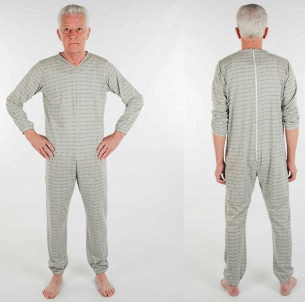 Pyjama met lange pijpen, lange mouwen, ritssluiting op de rug en rits tussen de benen, V-hals, zitgedeelte extra verstevigd - Grijs