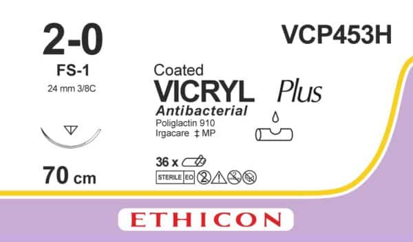 Vicryl Plus 2-0 - 70cm - Violet - Aiguille 24mm et 3/8C - 36 pièces